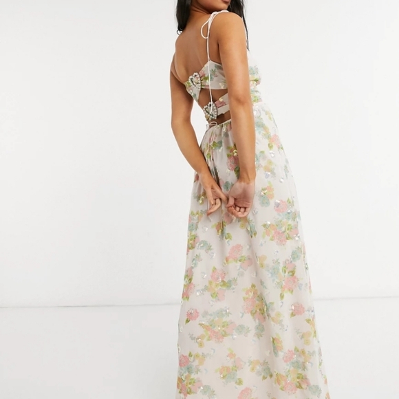 FOR LOVE AND LEMONS LOUISA DOUBLE TIE FRONT FLORAL SEQUIN MAXI DRESS SIZE LARGE - Picture 13 of 16